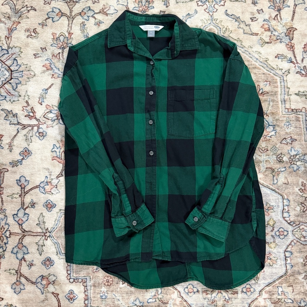 Old Navy Green and Black Plaid Women's Button Down Shirt